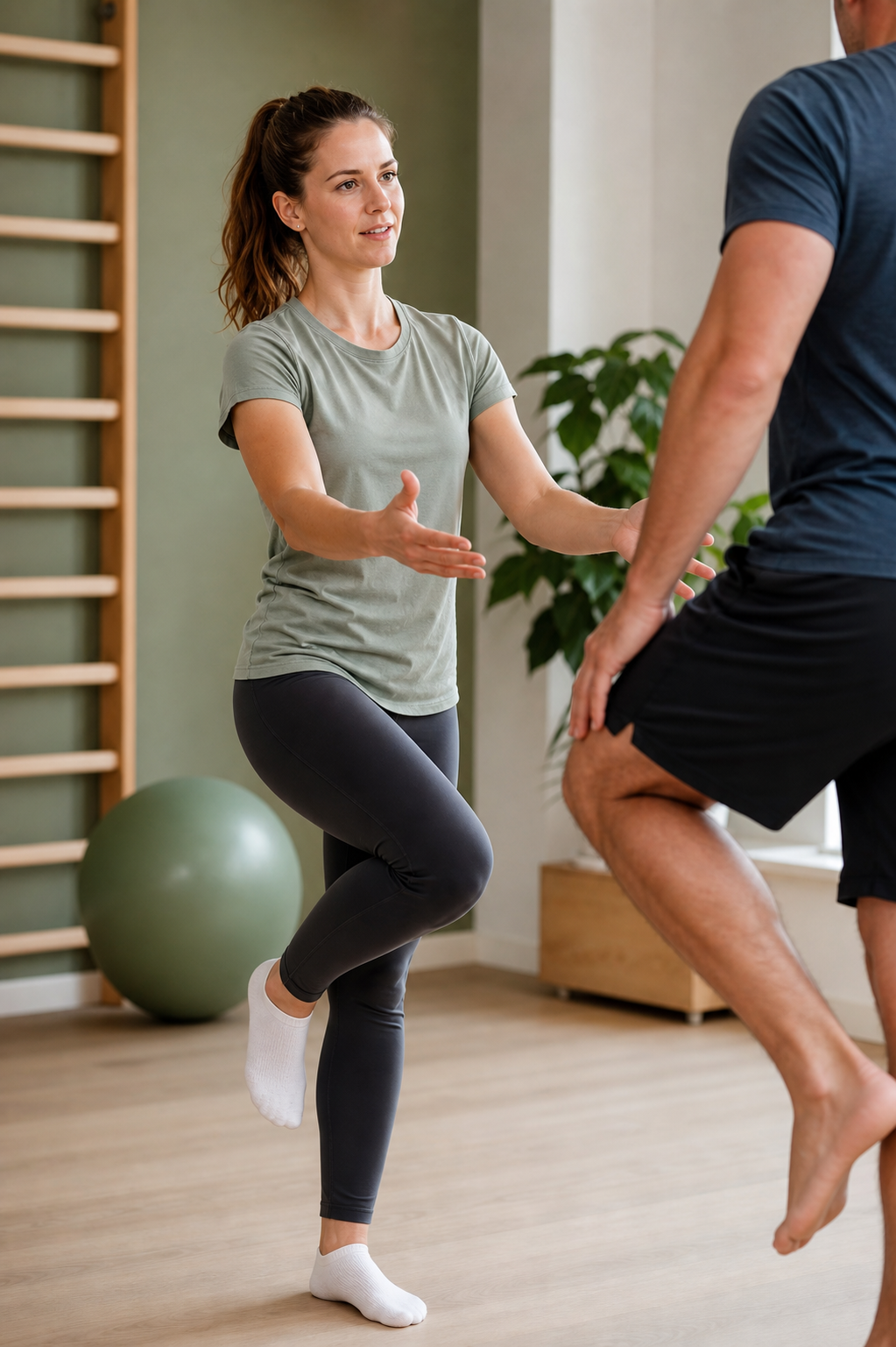 Anna unterstützt einen Patienten bei einer Balanceübung